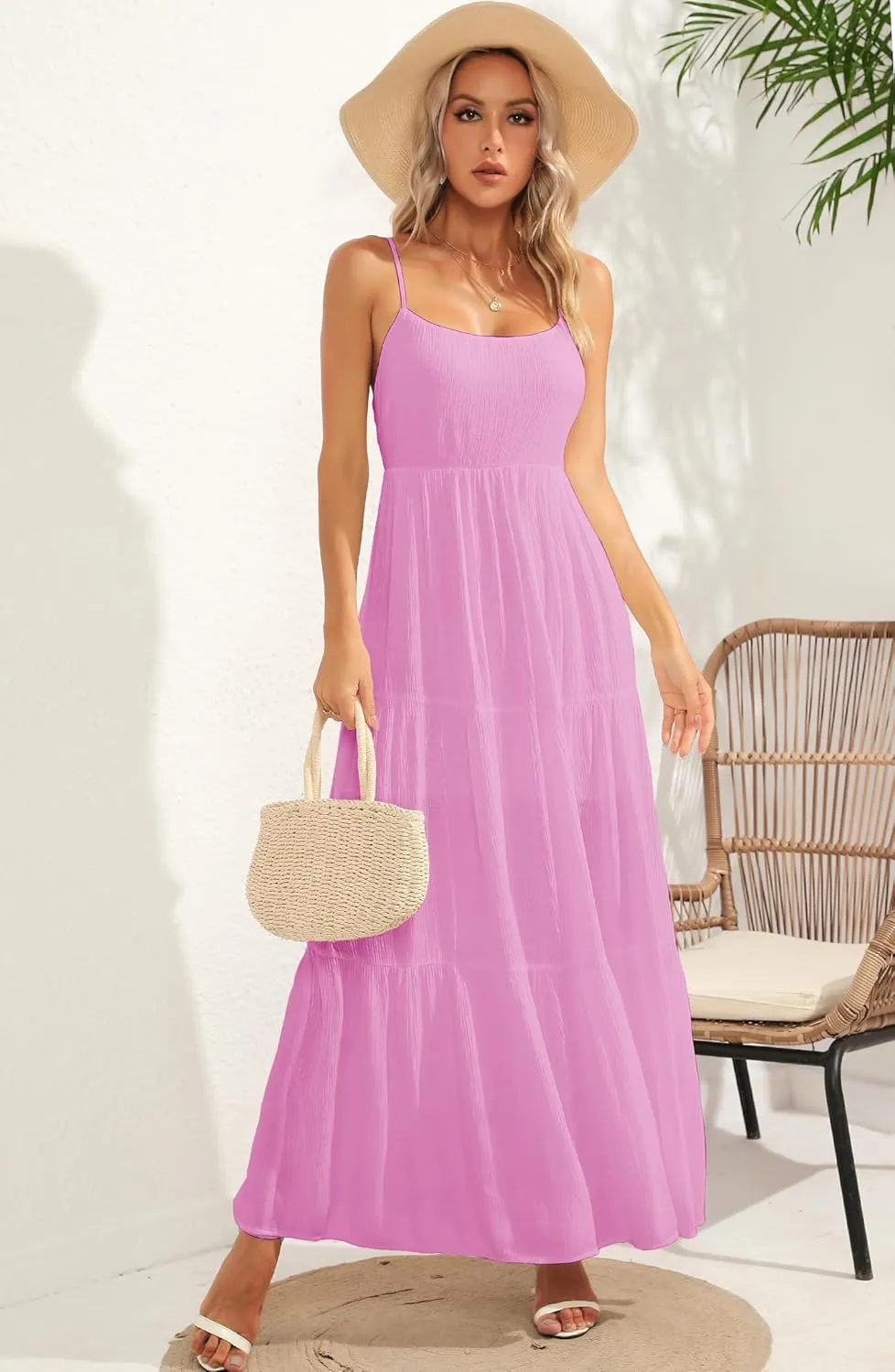ALENDA DANMOS Women's Spaghetti Straps Maxi Dress Flowy Pleated Swing Beach Long Dress Low Backless Sundress 189