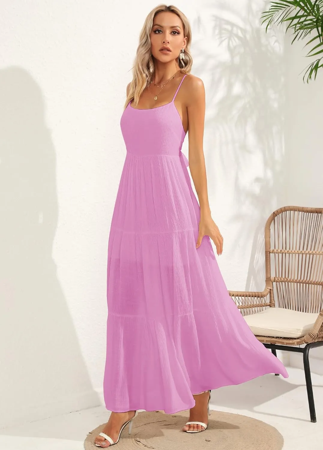 ALENDA DANMOS Women's Spaghetti Straps Maxi Dress Flowy Pleated Swing Beach Long Dress Low Backless Sundress 189
