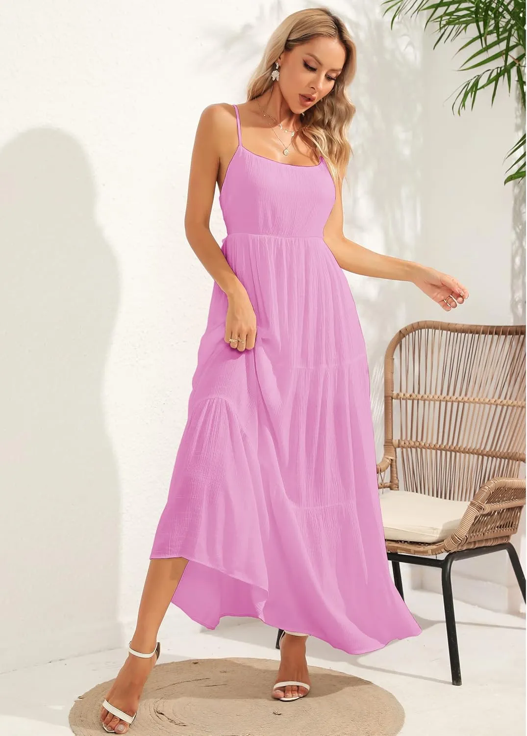 ALENDA DANMOS Women's Spaghetti Straps Maxi Dress Flowy Pleated Swing Beach Long Dress Low Backless Sundress 189