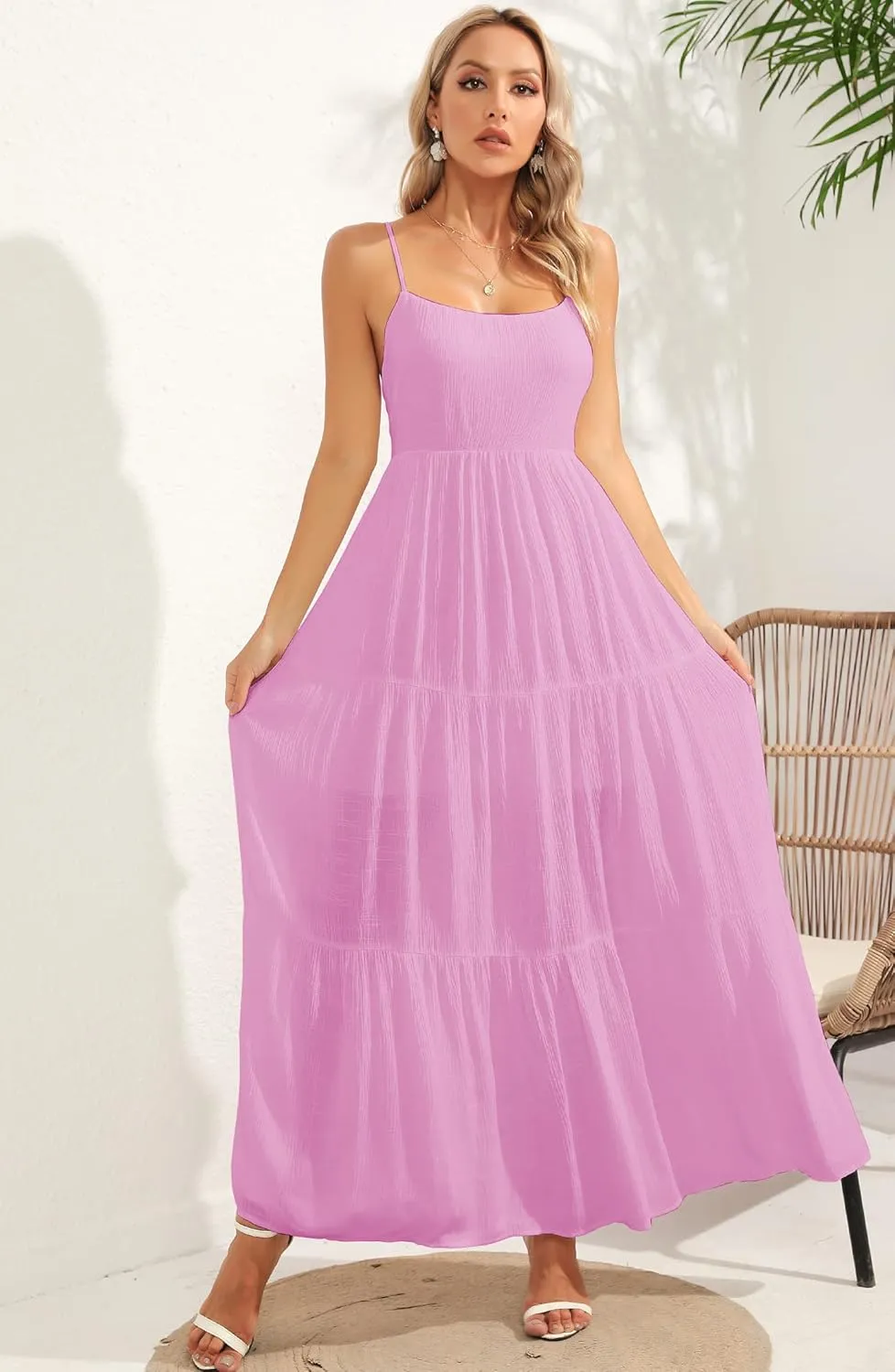 ALENDA DANMOS Women's Spaghetti Straps Maxi Dress Flowy Pleated Swing Beach Long Dress Low Backless Sundress 189