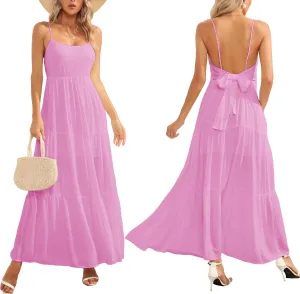 ALENDA DANMOS Women's Spaghetti Straps Maxi Dress Flowy Pleated Swing Beach Long Dress Low Backless Sundress 189