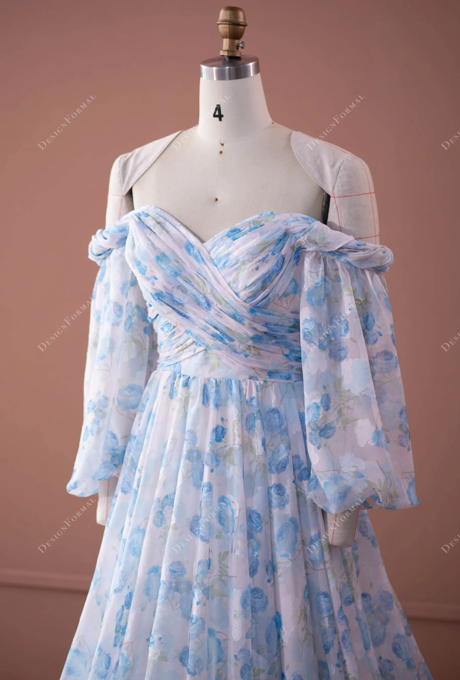 Balloon Sleeve Designer Floral Chiffon Off-shoulder Bridal Dress