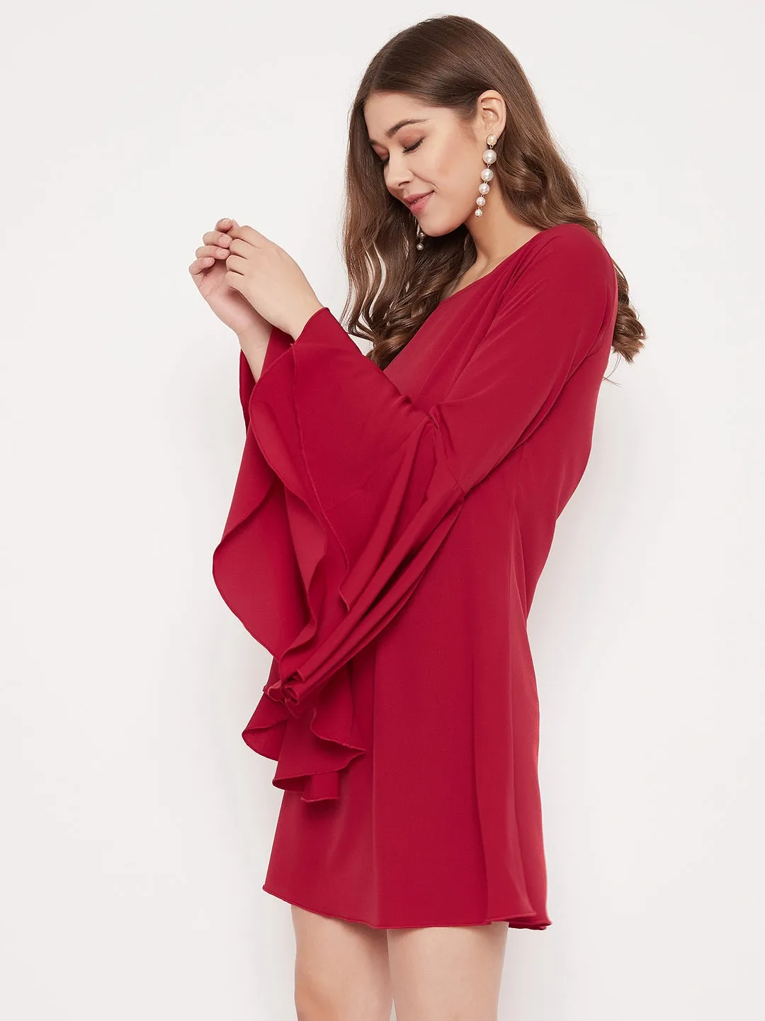 Berrylush Women Solid Red Flared Sleeves A-Line Mini Dress
