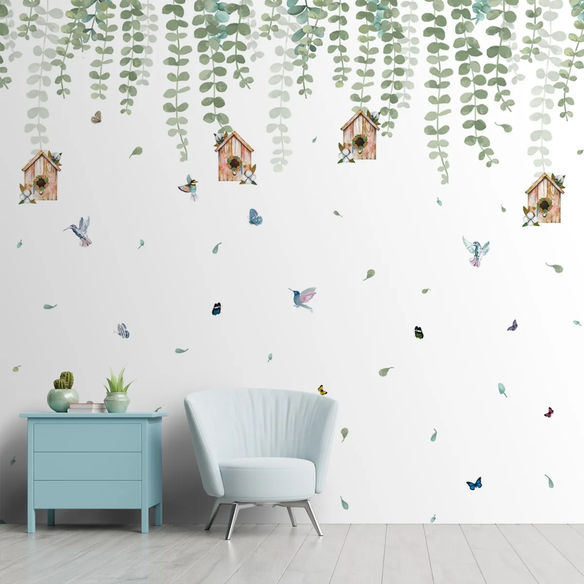 Bird House in Hanging Leaves Pattern Wallpaper, Customised