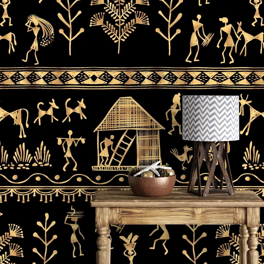 Black & Golden Ethnic Warli Tribal Art Wallpaper, Customised