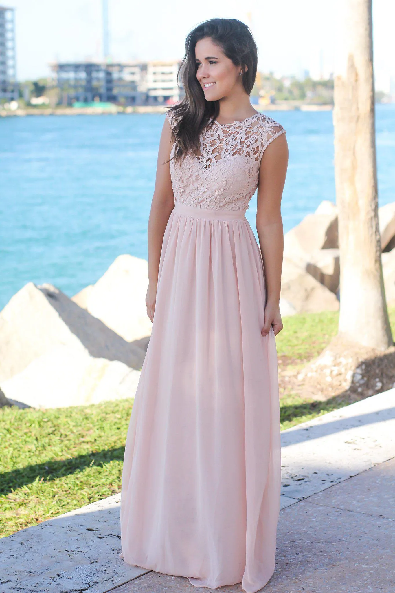 Blush Crochet Maxi Dress with Tulle Back