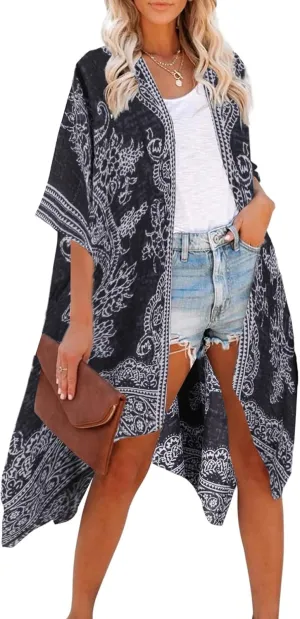 Breezy Lane Women's Kimono Cardigan Summer Swimsuit Coverups Beach Cover Up with Floral Print for Vacation