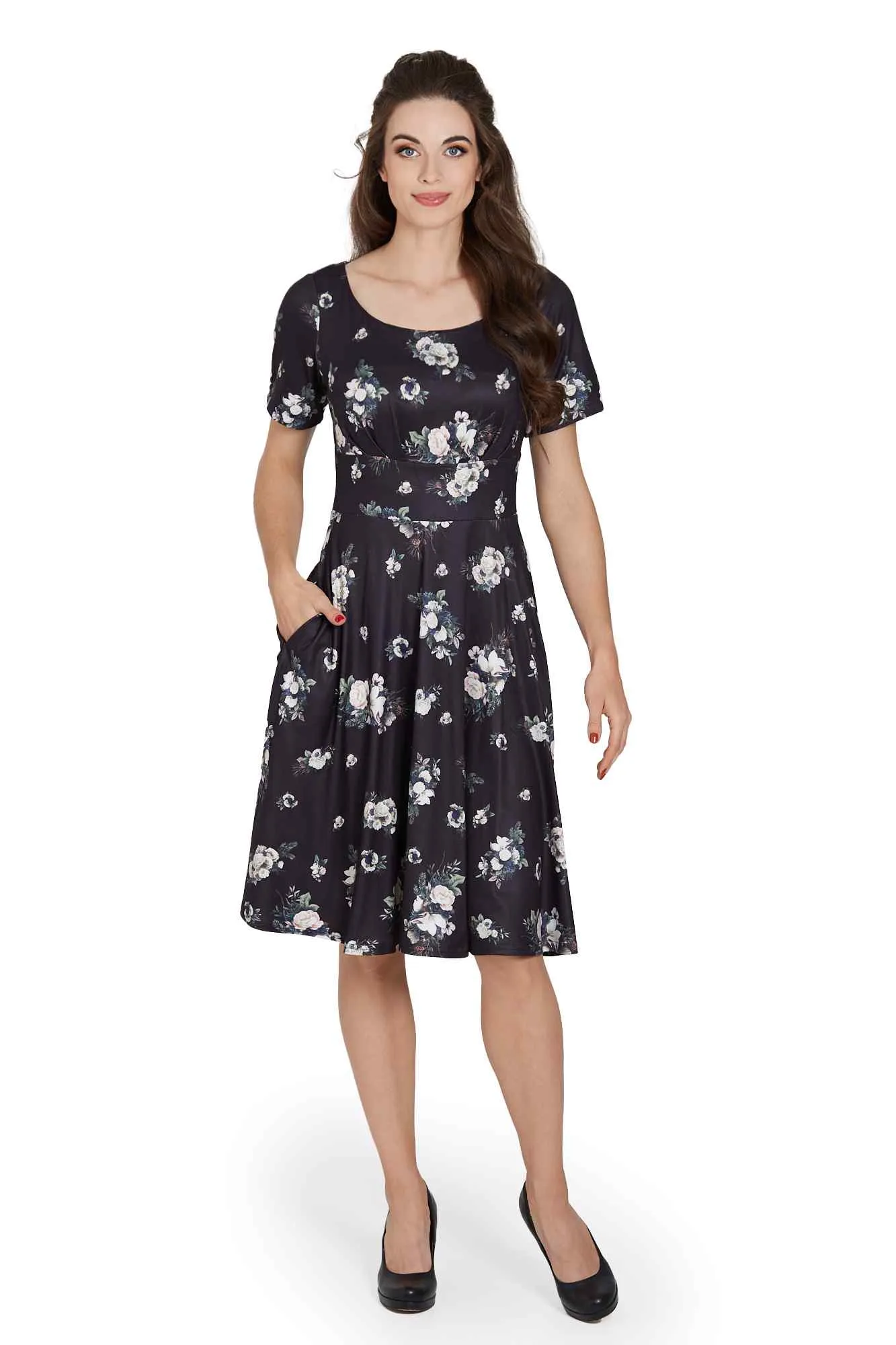 Brenda Black Floral Flared Dress
