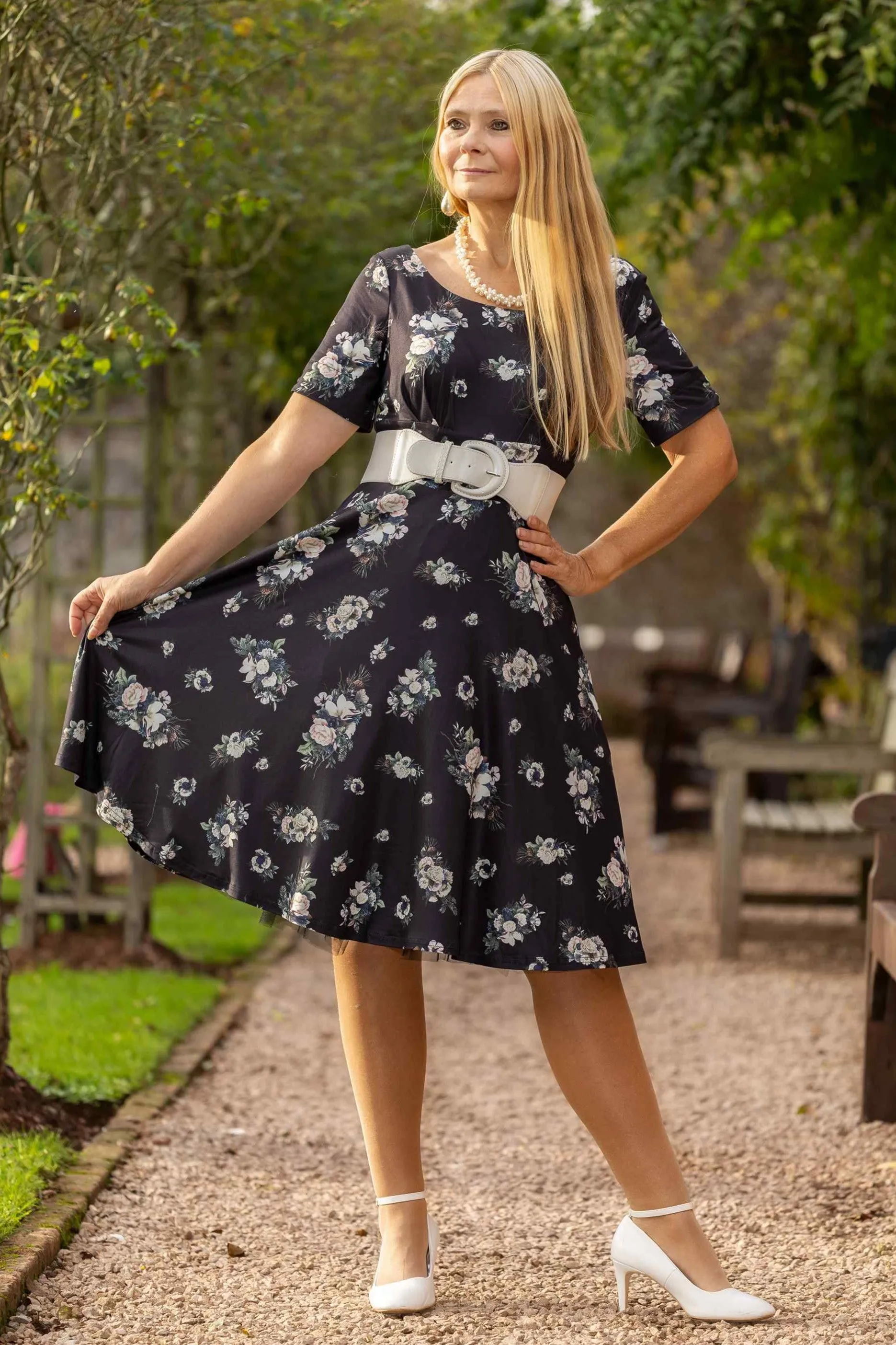 Brenda Black Floral Flared Dress