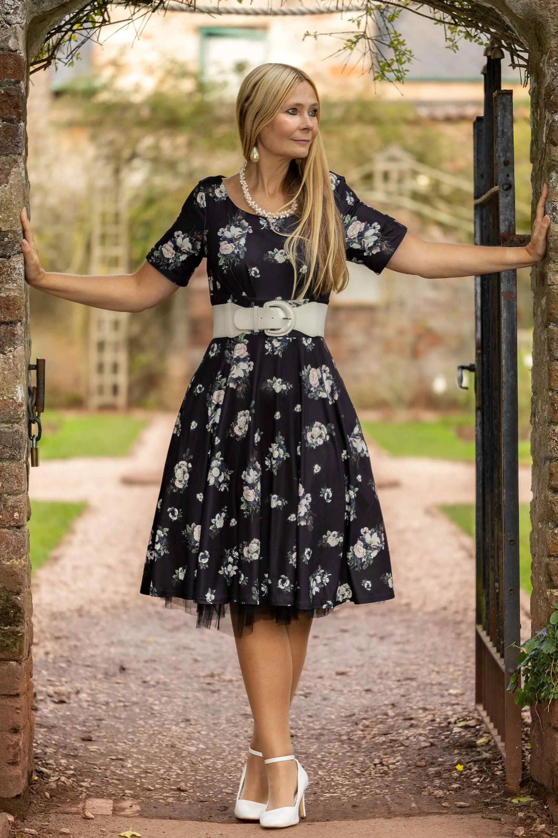 Brenda Black Floral Flared Dress