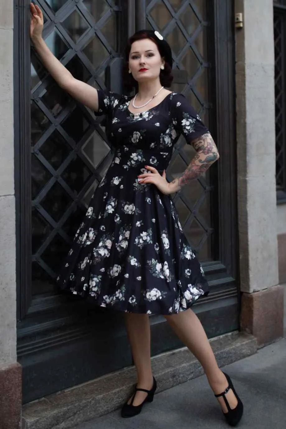 Brenda Black Floral Flared Dress