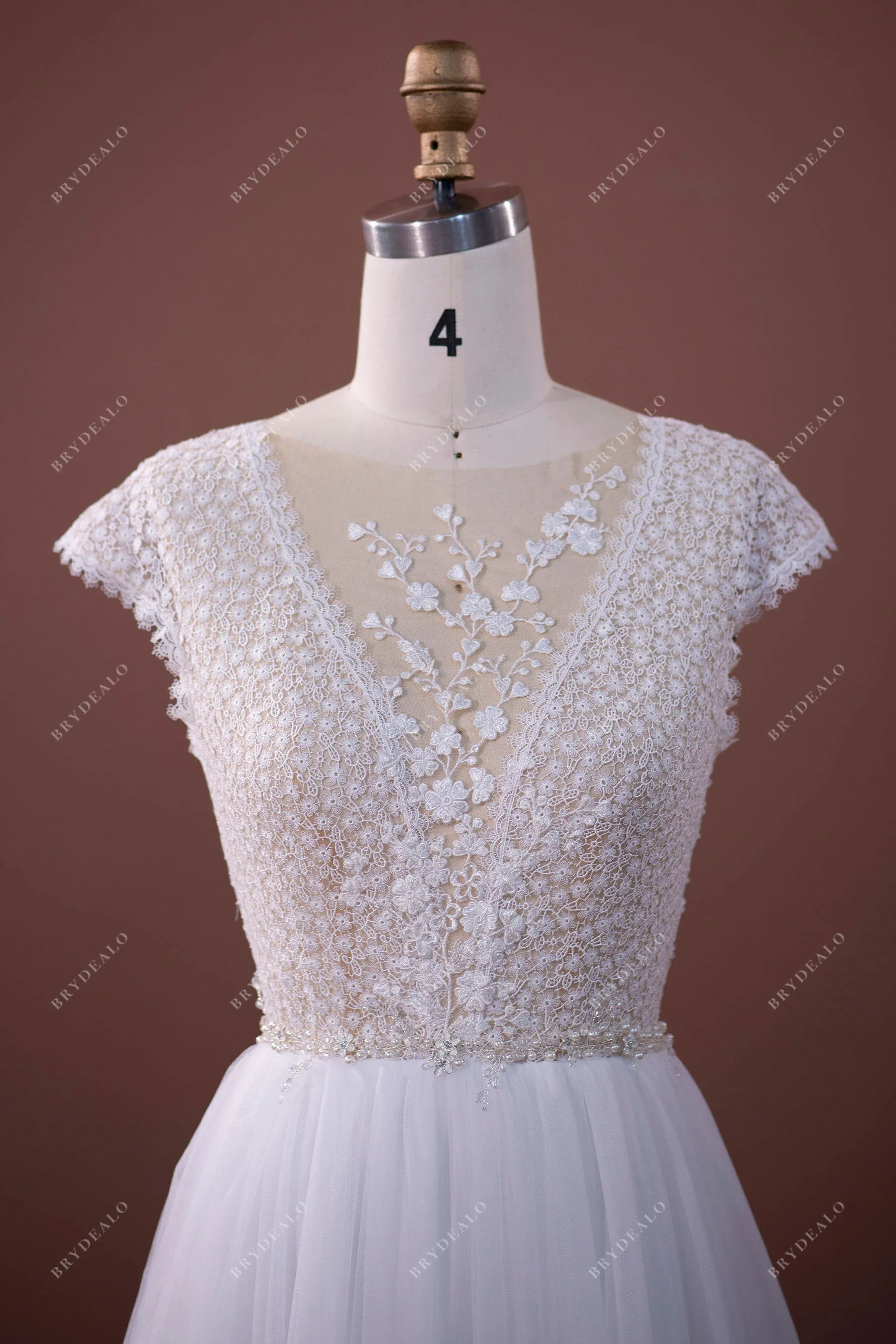 Cap Sleeve Boho Floral Lace A-line Tulle Bridal Gown