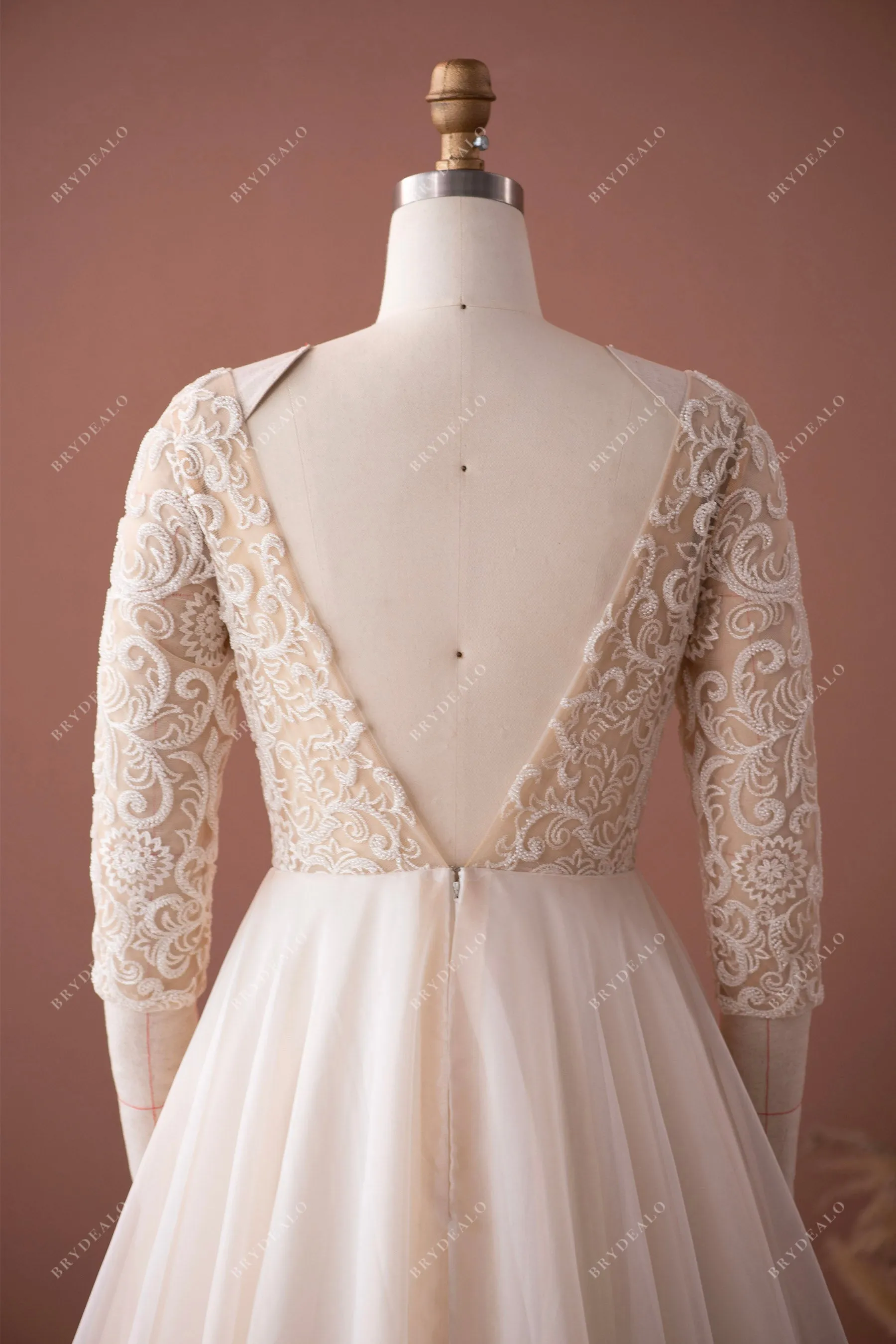 Champagne Illusion 3/4 Sleeve Lace Wedding Dress