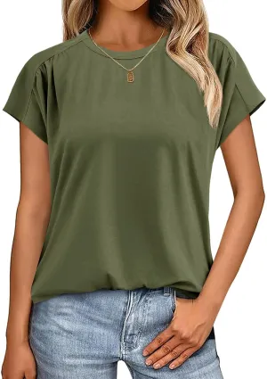Cicy Bell Womens Batwing Short Sleeve T Shirts Summer Pleated Casual Crew Neck Tunic Tops Loose Fit Basic Tees