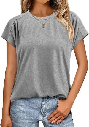 Cicy Bell Womens Batwing Short Sleeve T Shirts Summer Pleated Casual Crew Neck Tunic Tops Loose Fit Basic Tees