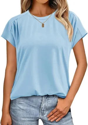Cicy Bell Womens Batwing Short Sleeve T Shirts Summer Pleated Casual Crew Neck Tunic Tops Loose Fit Basic Tees