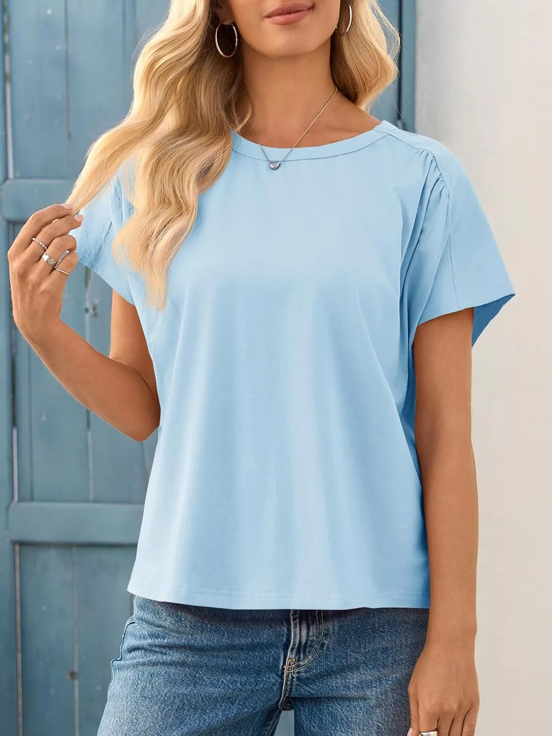 Cicy Bell Womens Batwing Short Sleeve T Shirts Summer Pleated Casual Crew Neck Tunic Tops Loose Fit Basic Tees