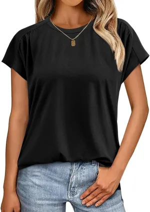 Cicy Bell Womens Batwing Short Sleeve T Shirts Summer Pleated Casual Crew Neck Tunic Tops Loose Fit Basic Tees
