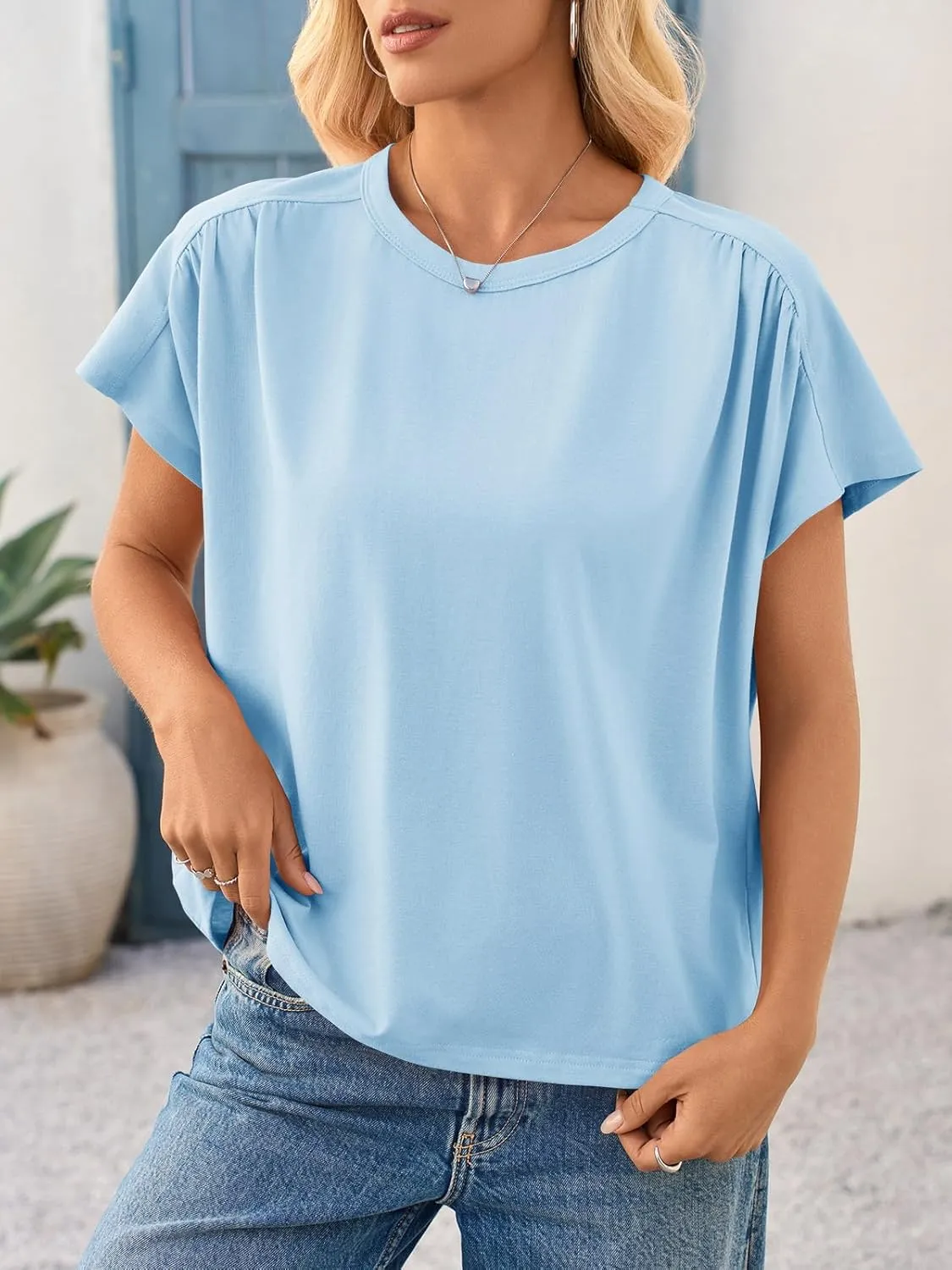 Cicy Bell Womens Batwing Short Sleeve T Shirts Summer Pleated Casual Crew Neck Tunic Tops Loose Fit Basic Tees