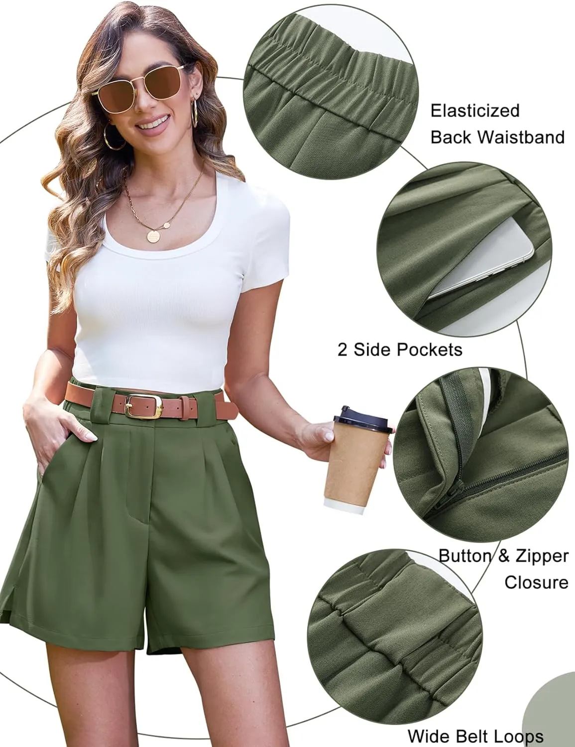 COZYPOIN Dressy Shorts for Women Casual Summer Elastic High Waisted Wide Leg Pleated Work Trouser Short with Pockets