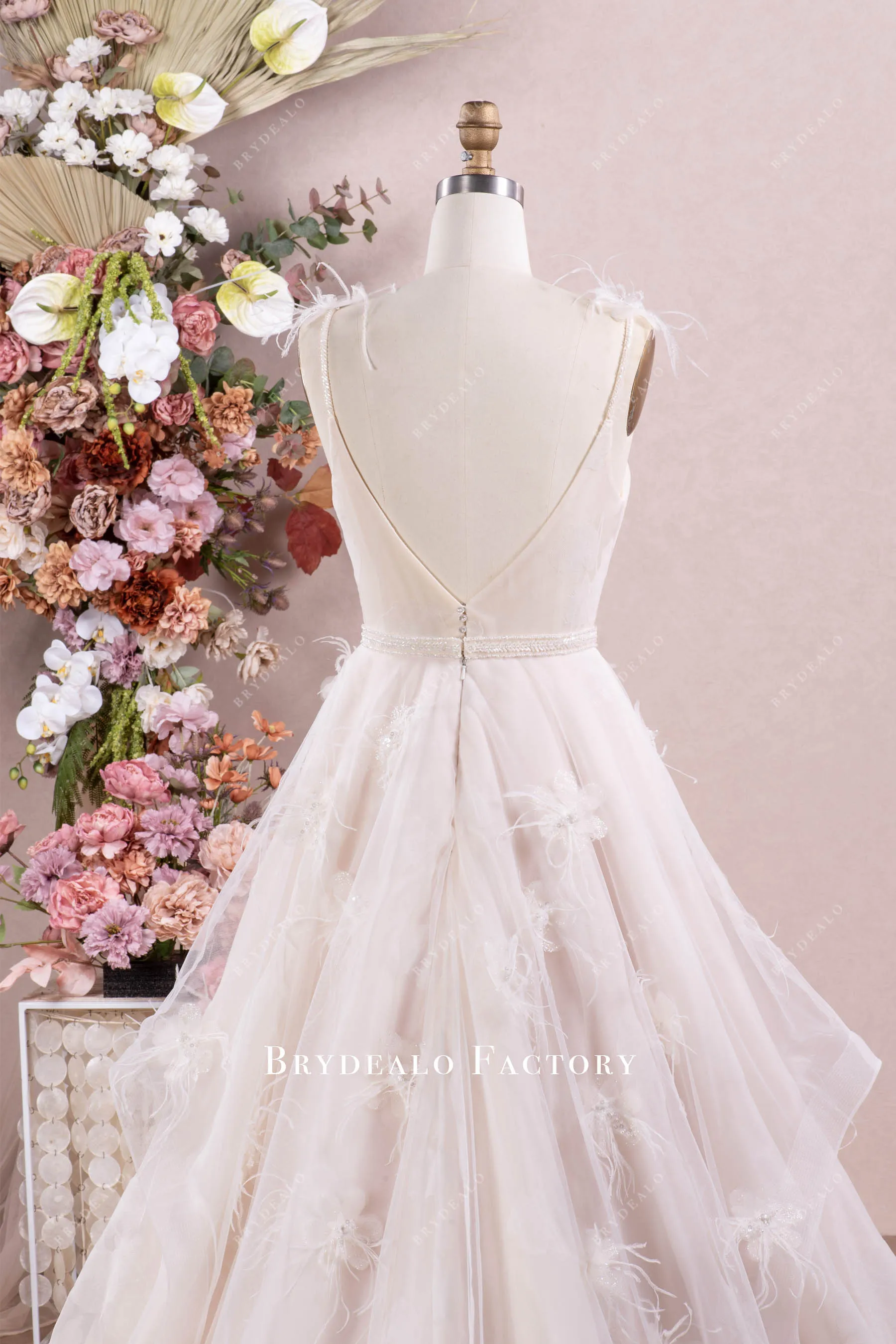 Fairy Lotus Organza Feather Flowers Boho Long Wedding Dress