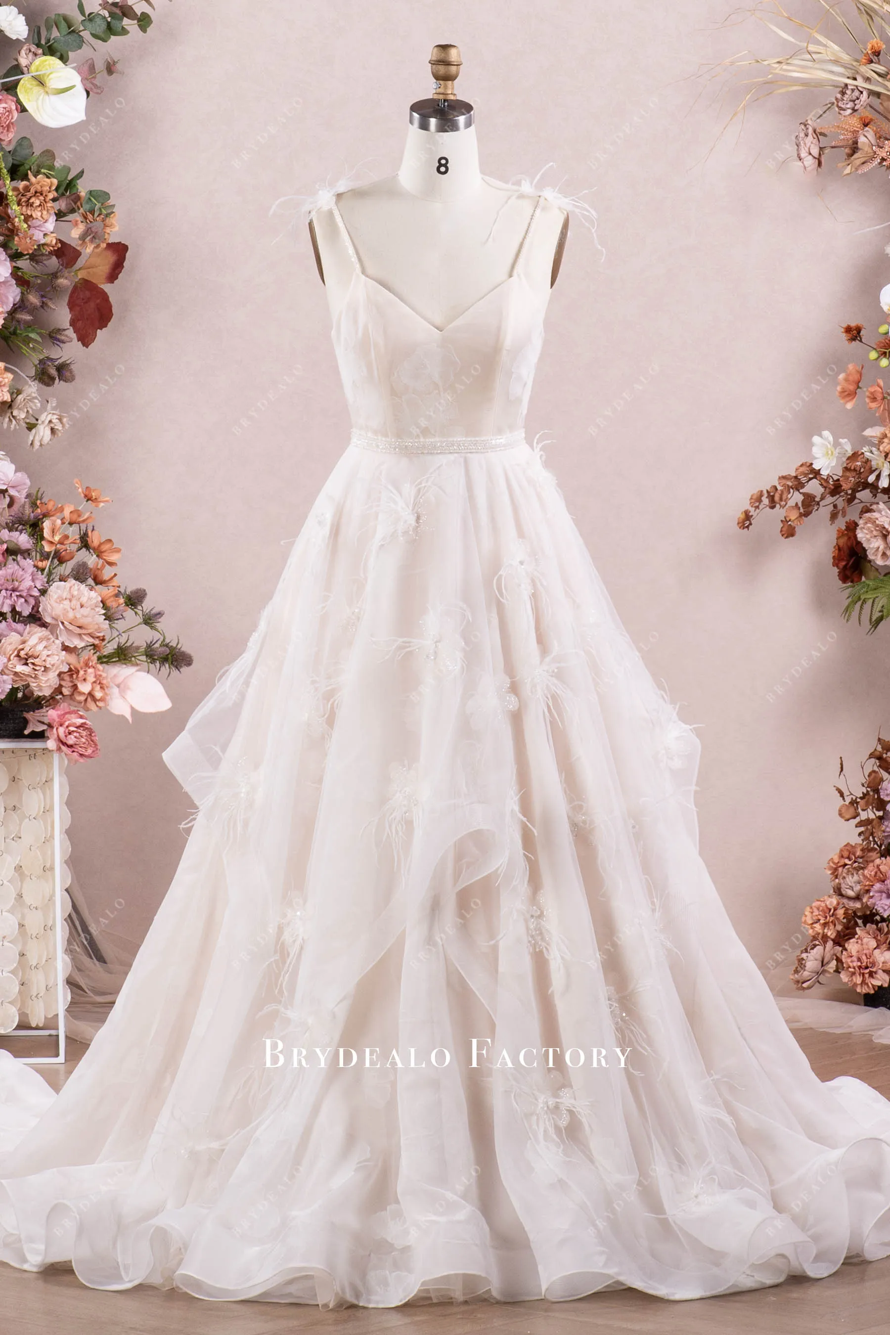 Fairy Lotus Organza Feather Flowers Boho Long Wedding Dress