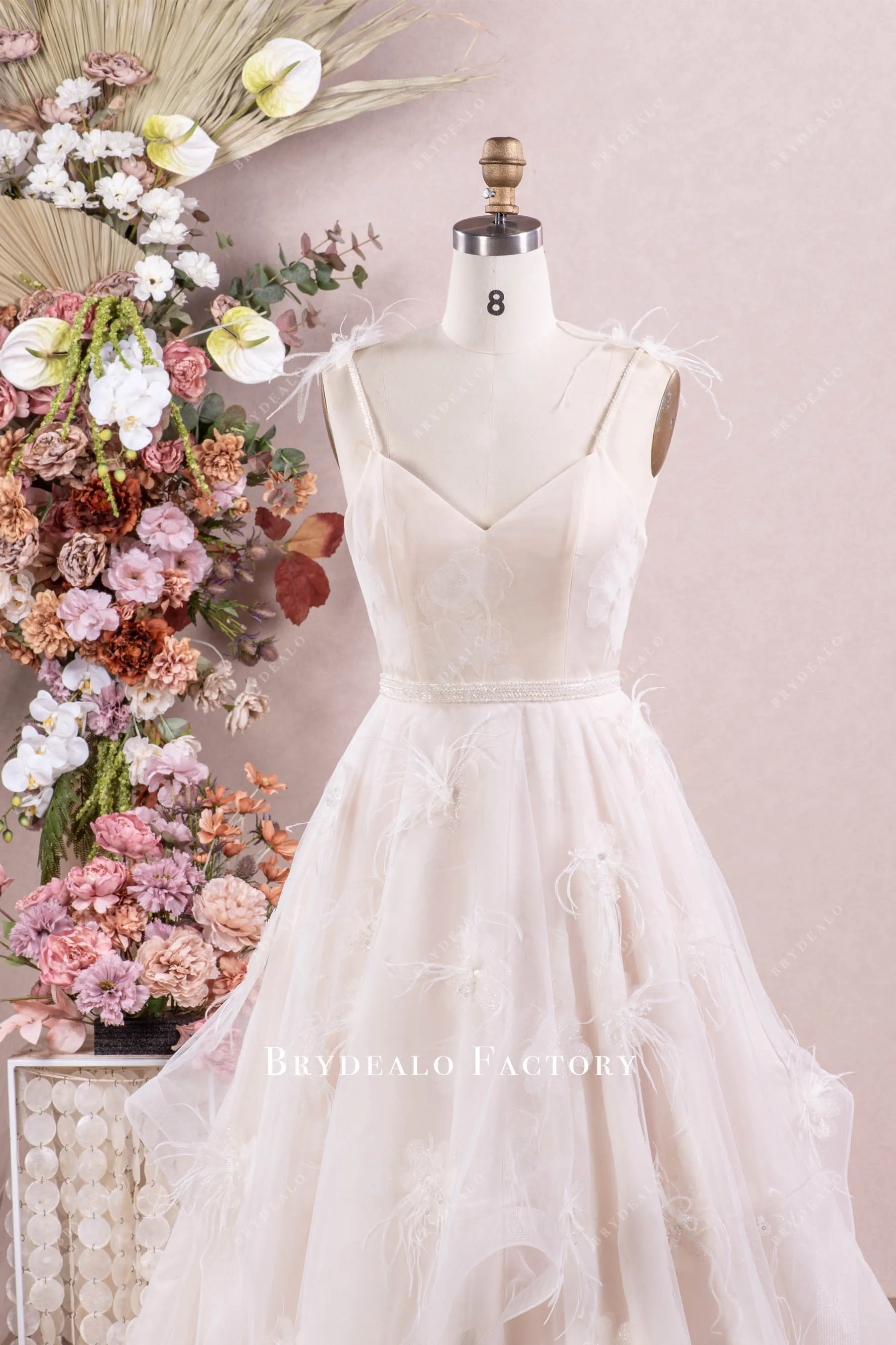Fairy Lotus Organza Feather Flowers Boho Long Wedding Dress