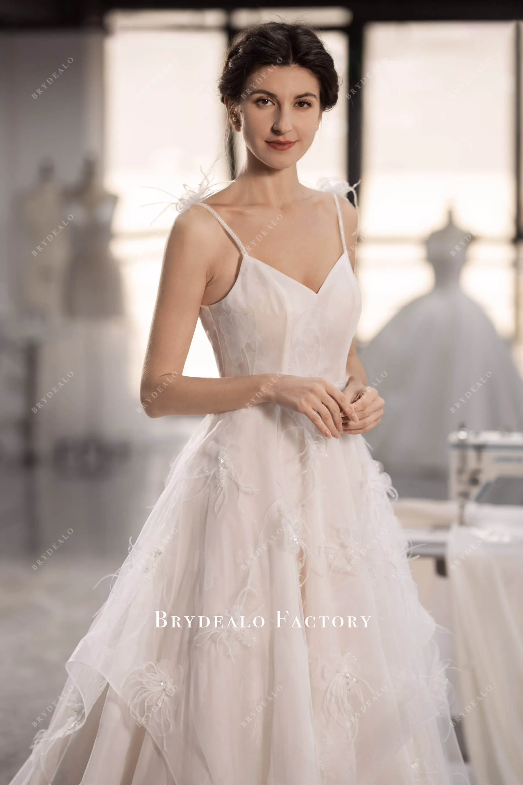 Fairy Lotus Organza Feather Flowers Boho Long Wedding Dress