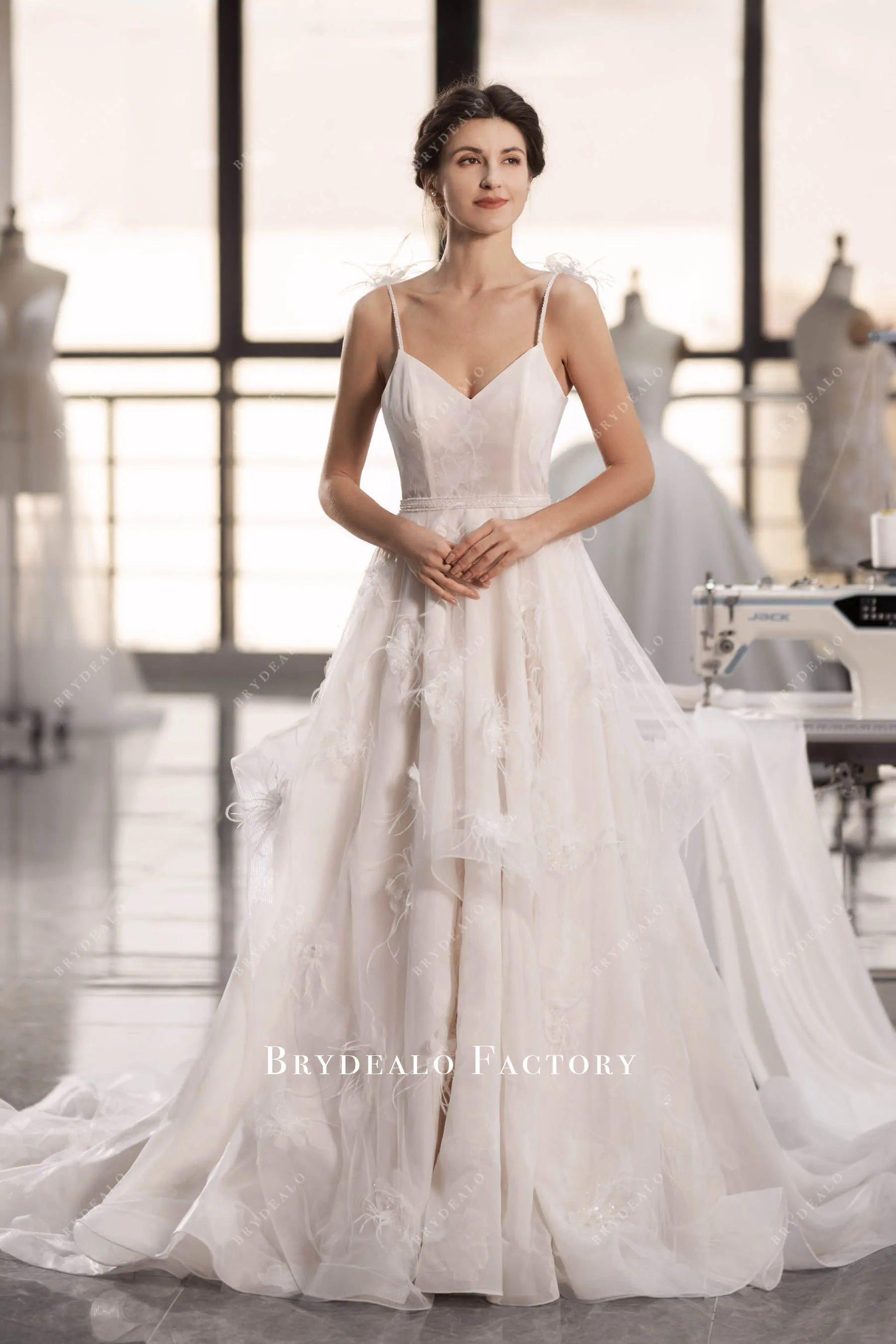 Fairy Lotus Organza Feather Flowers Boho Long Wedding Dress
