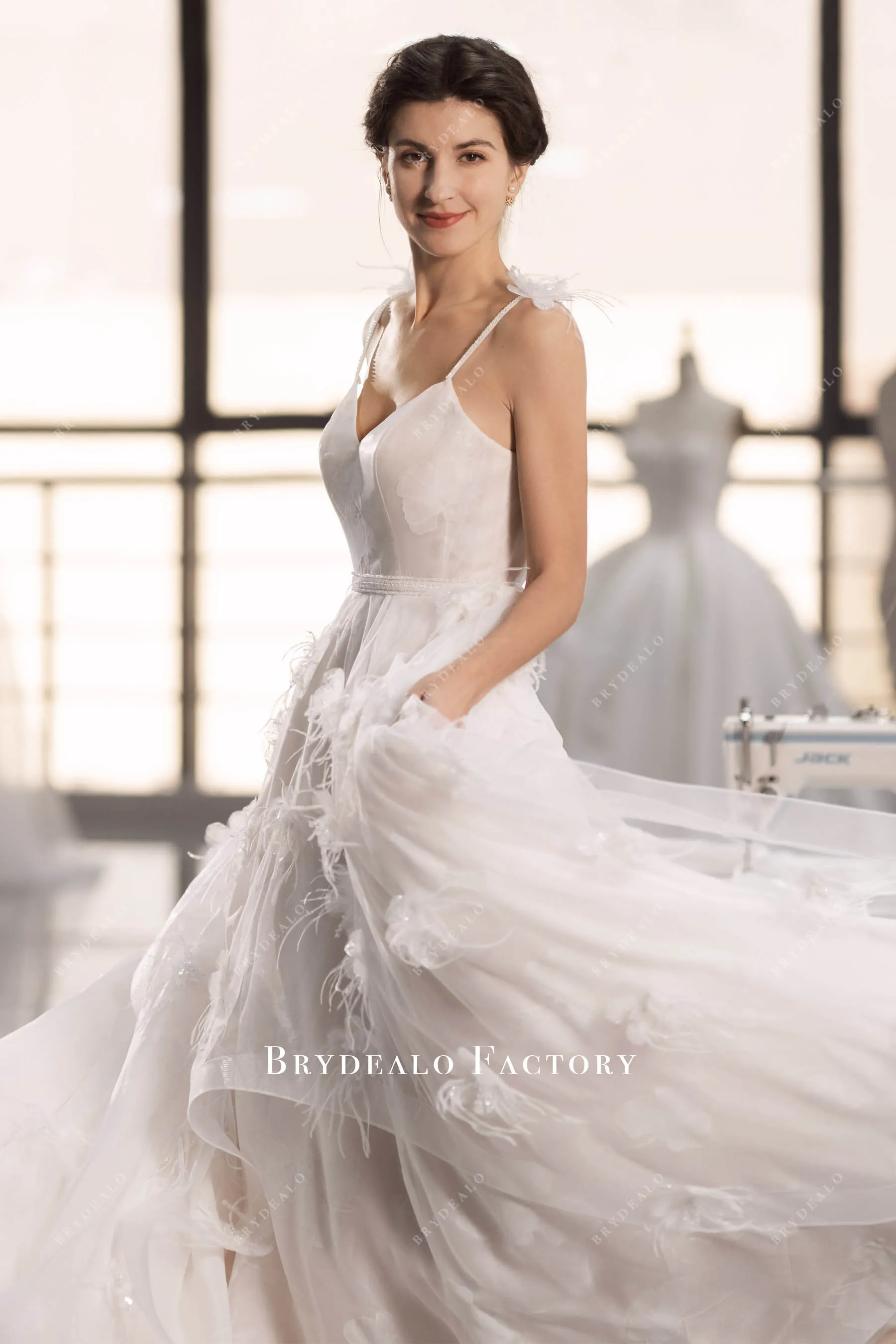 Fairy Lotus Organza Feather Flowers Boho Long Wedding Dress