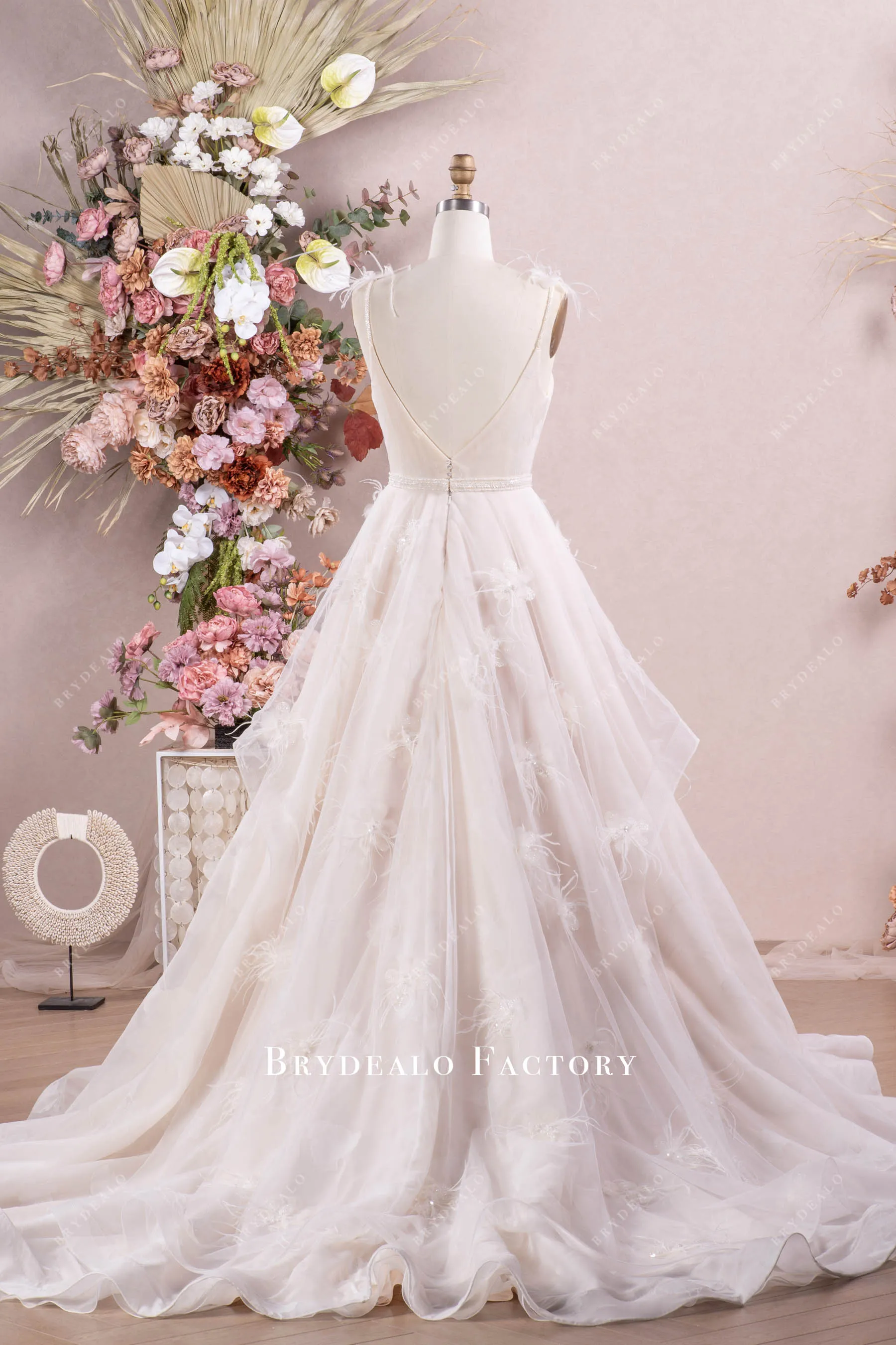 Fairy Lotus Organza Feather Flowers Boho Long Wedding Dress