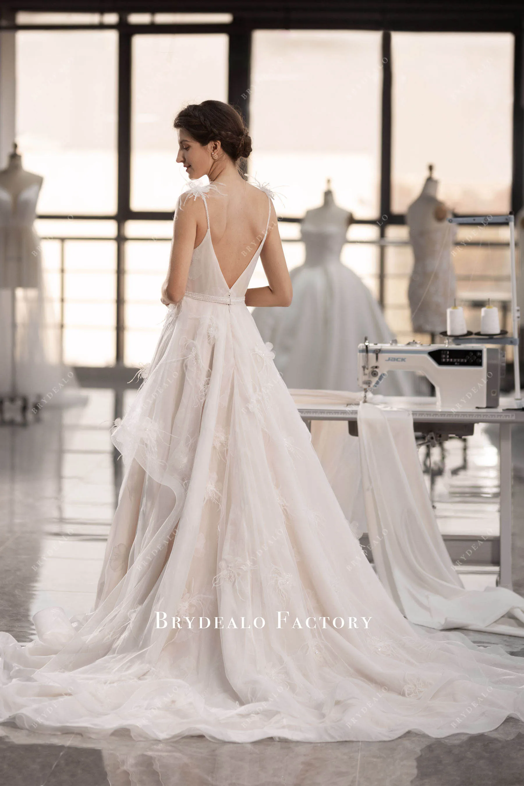 Fairy Lotus Organza Feather Flowers Boho Long Wedding Dress