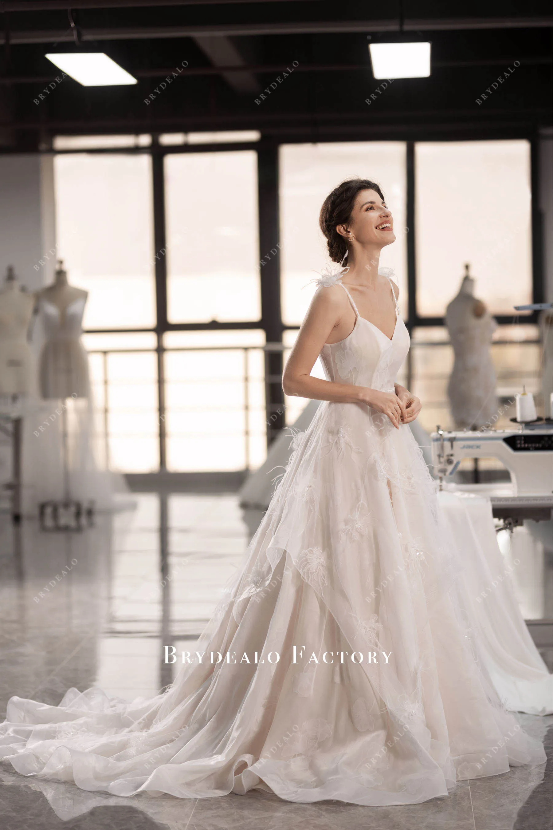 Fairy Lotus Organza Feather Flowers Boho Long Wedding Dress