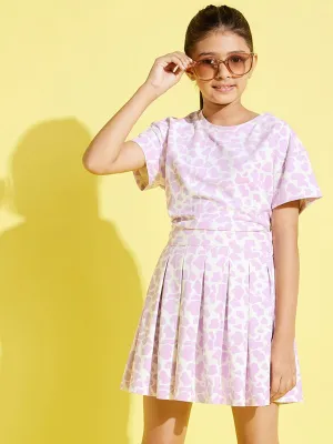 Girls Lavender Cow Print Knit Crop Top With Pleated Skirt - Lyush Kids