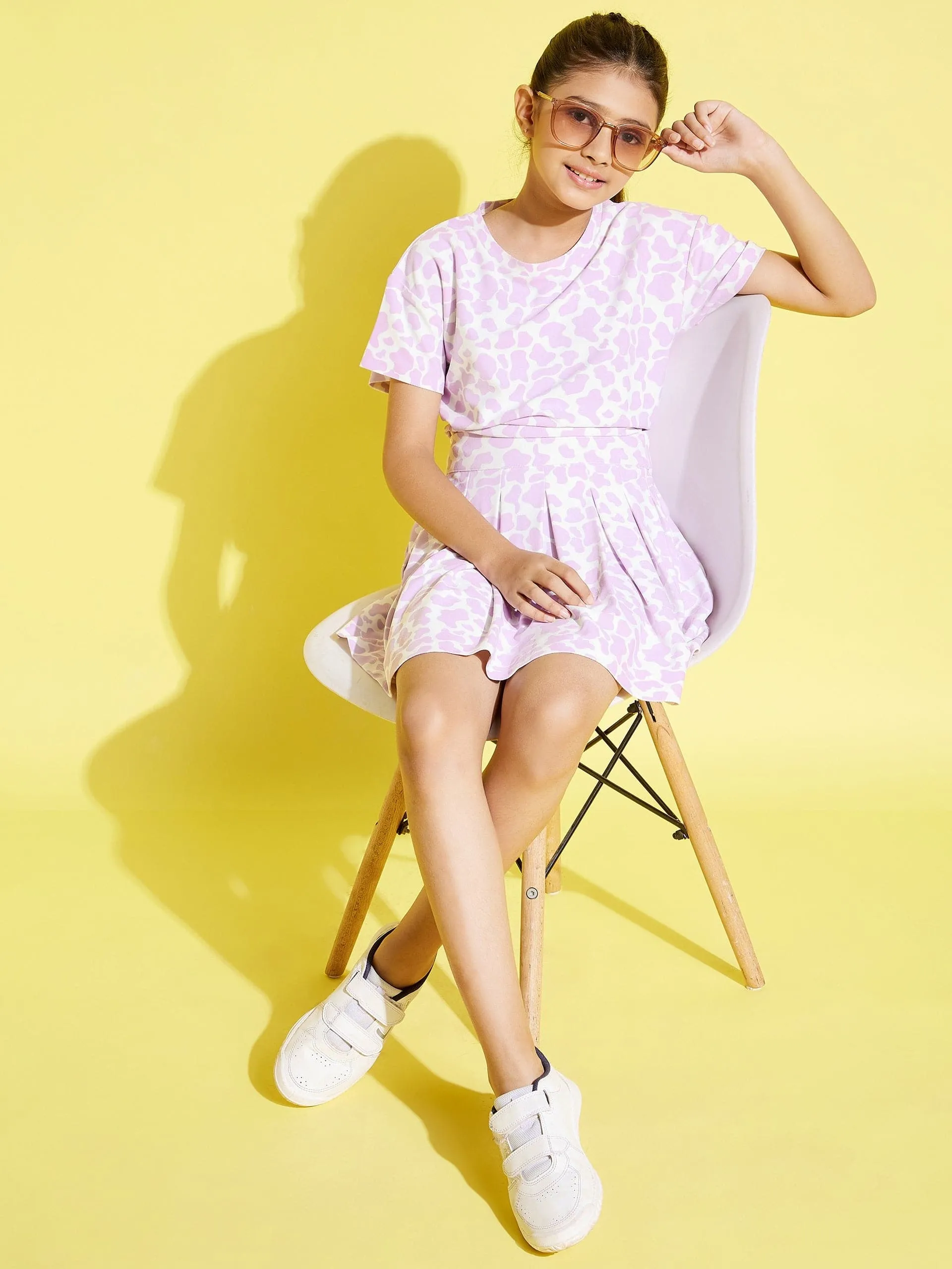 Girls Lavender Cow Print Knit Crop Top With Pleated Skirt - Lyush Kids