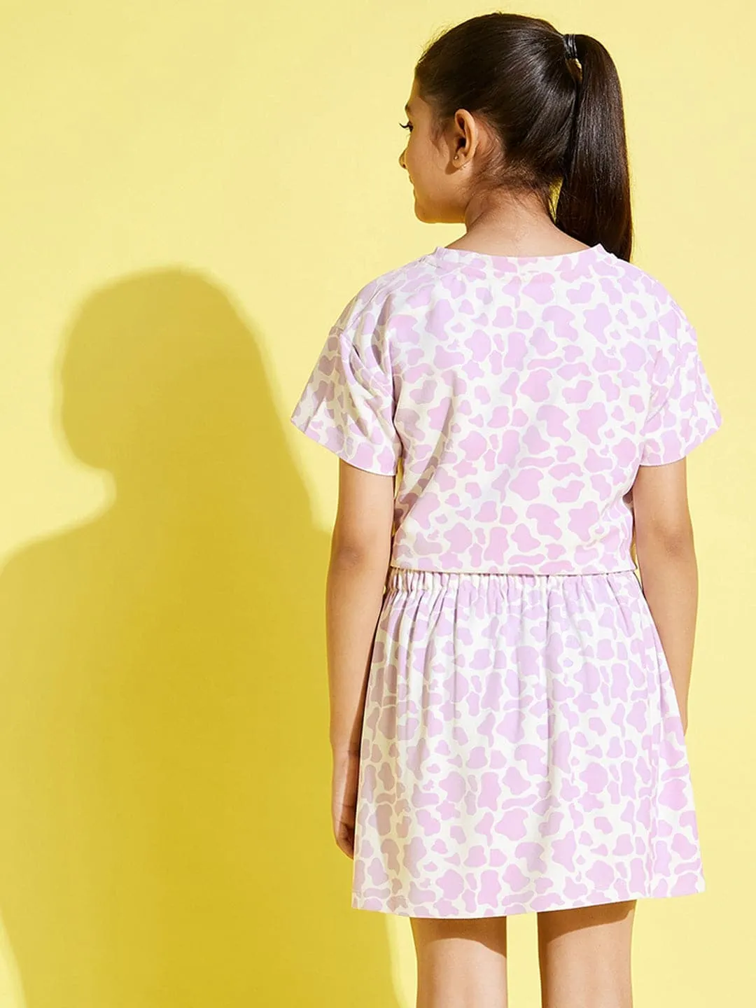 Girls Lavender Cow Print Knit Crop Top With Pleated Skirt - Lyush Kids