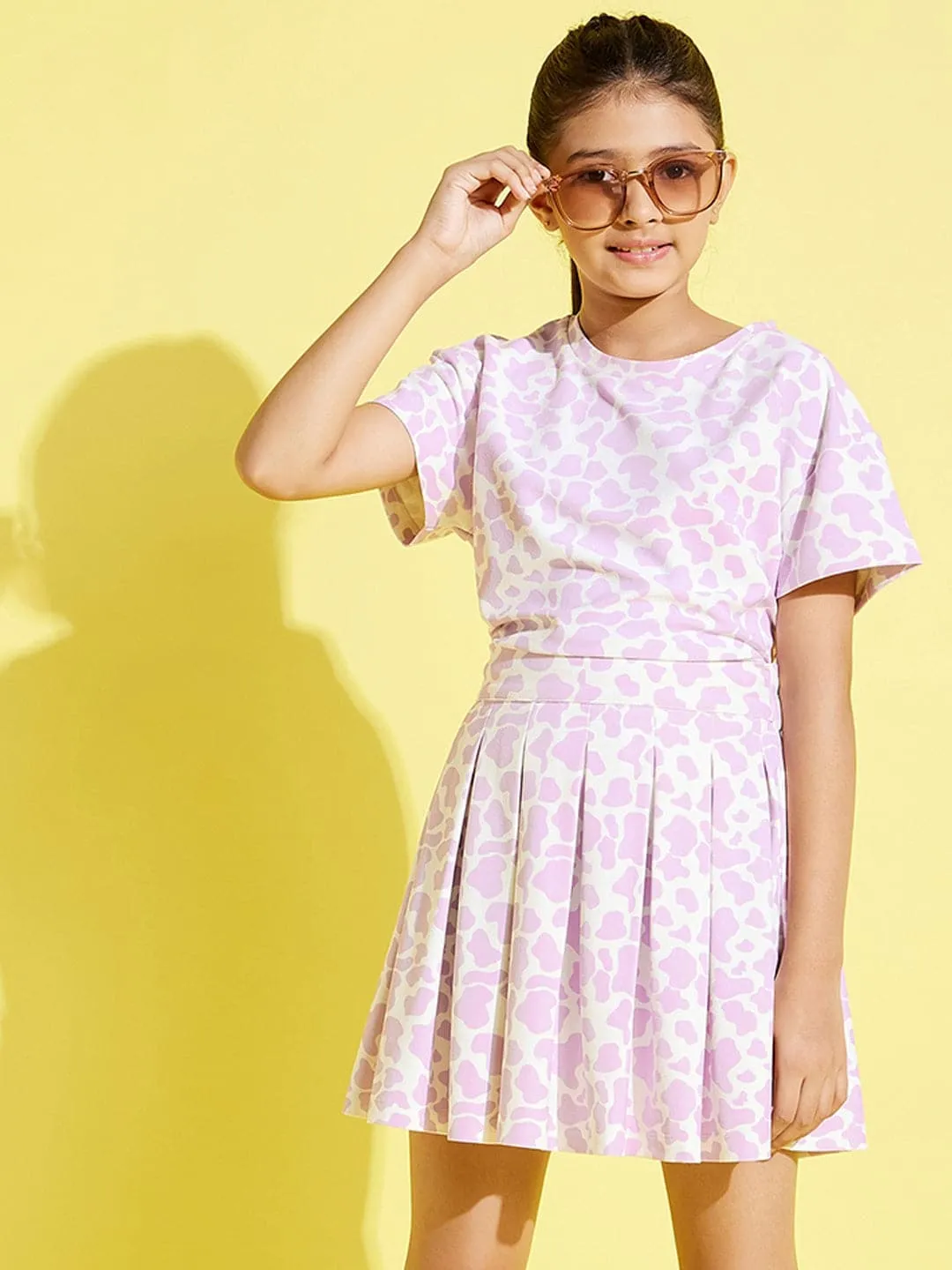 Girls Lavender Cow Print Knit Crop Top With Pleated Skirt - Lyush Kids