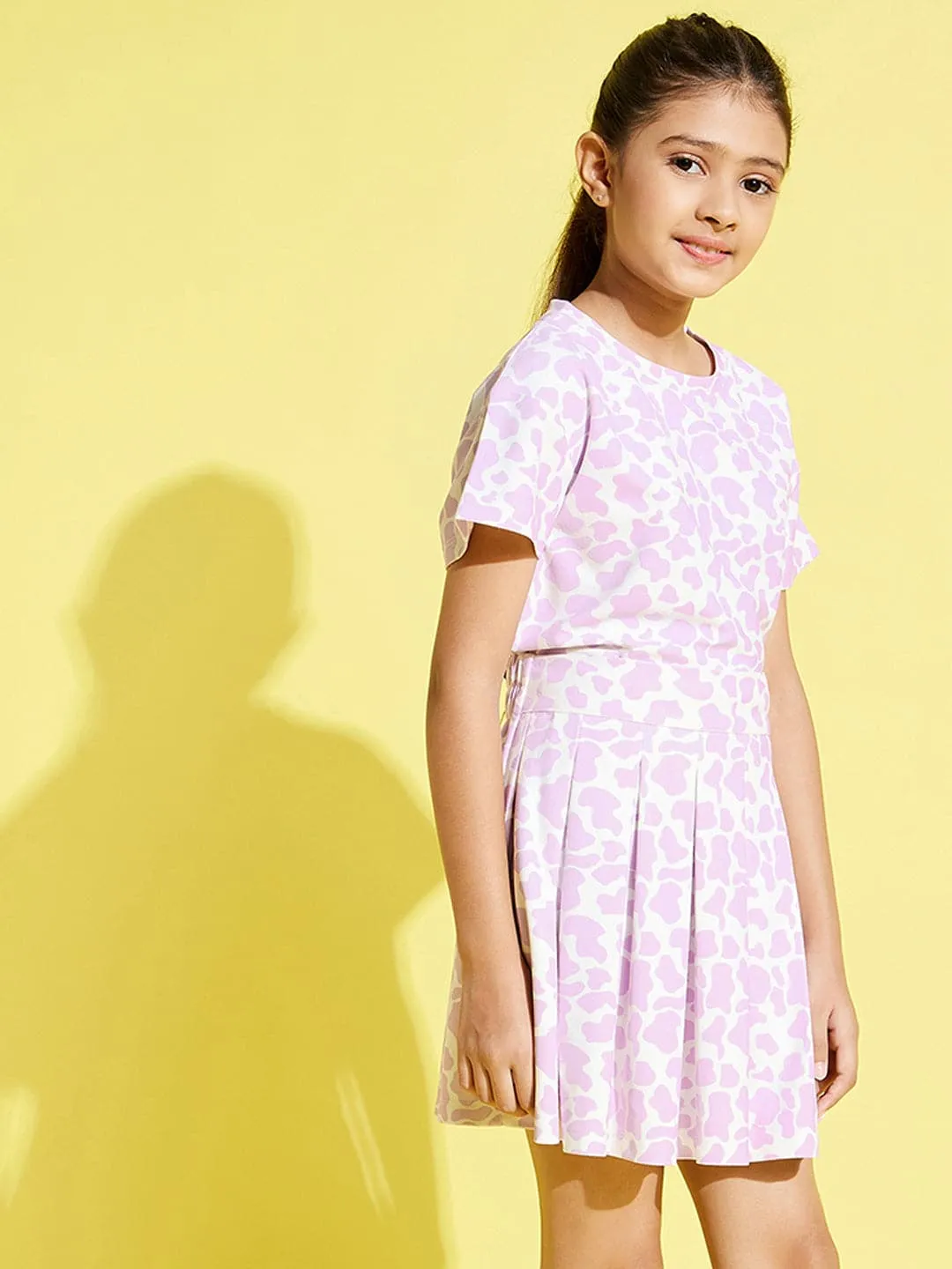 Girls Lavender Cow Print Knit Crop Top With Pleated Skirt - Lyush Kids