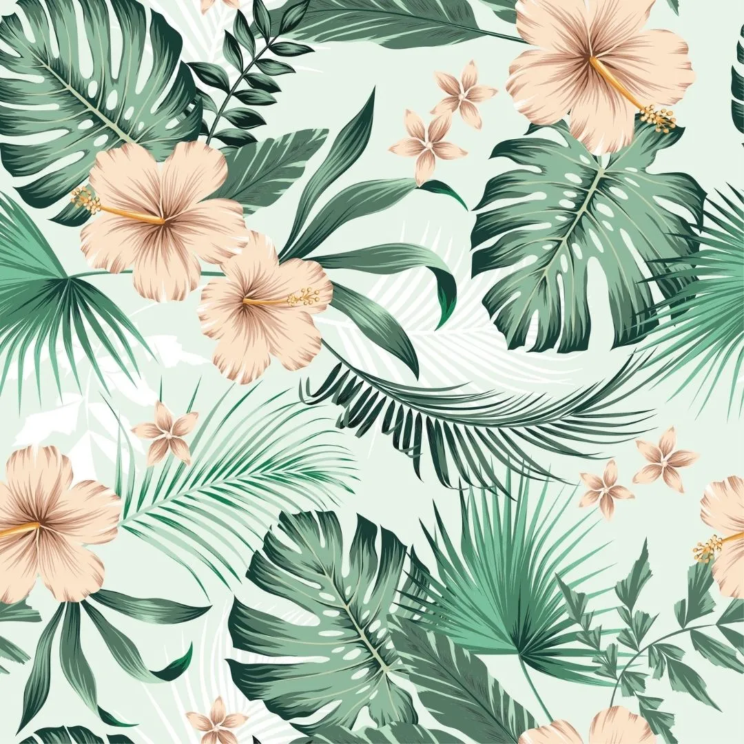 Hibiscus Flowers with Tropical Leaves, Customised Wallpaper