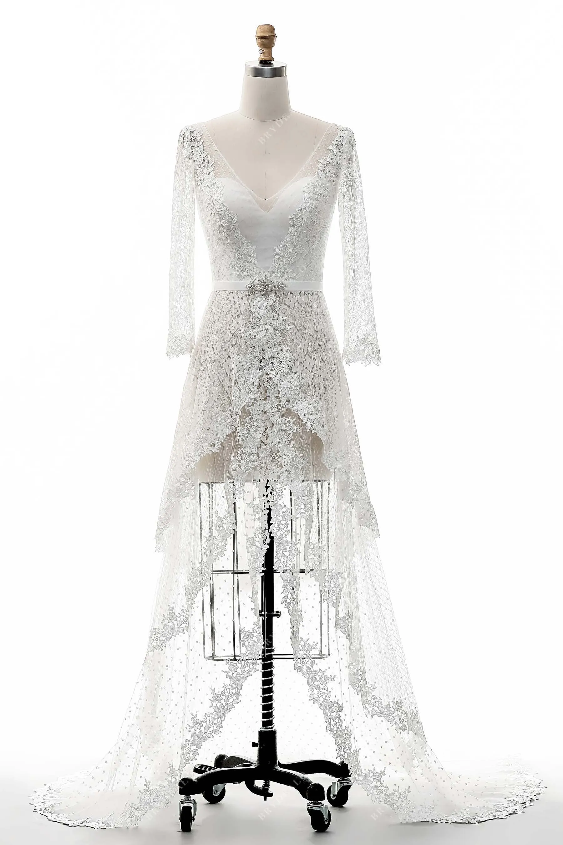 Illusion V-neck Lace Casual High-Low Bridal Shower Dress