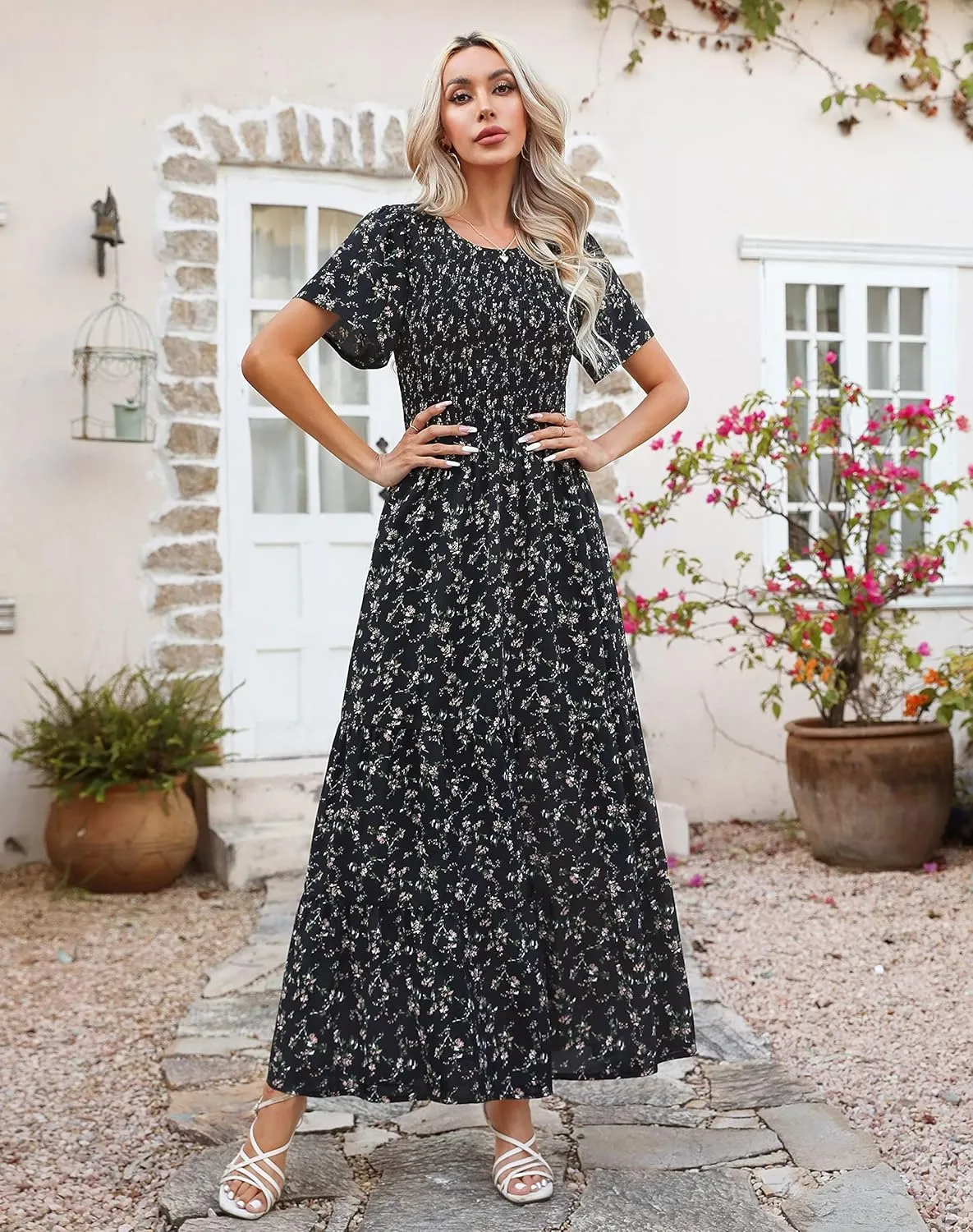 Kranda Women Summer Dress Round Neck Flutter Short Sleeve Smocked Ruffle Tiered Floral Maxi Dress 2024