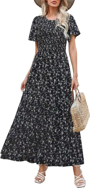 Kranda Women Summer Dress Round Neck Flutter Short Sleeve Smocked Ruffle Tiered Floral Maxi Dress 2024