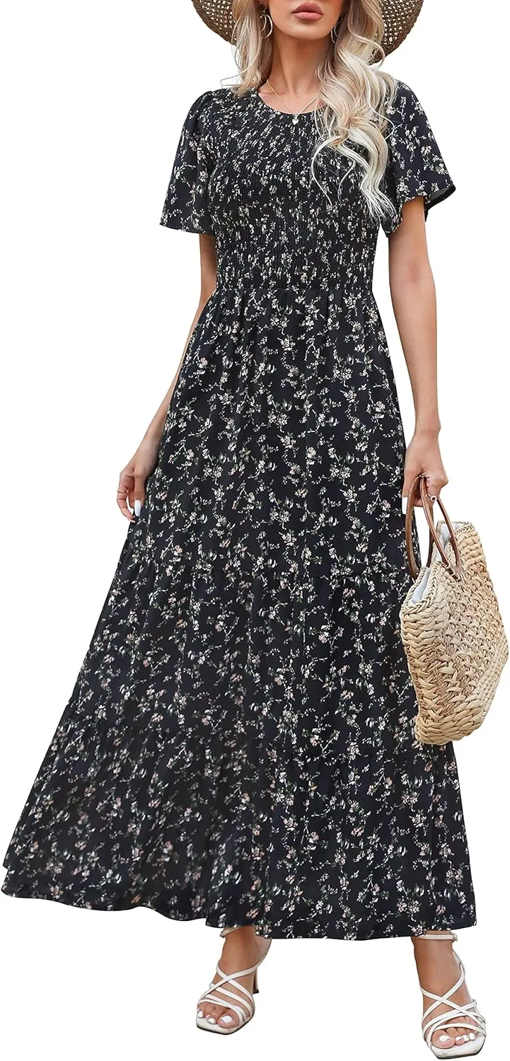 Kranda Women Summer Dress Round Neck Flutter Short Sleeve Smocked Ruffle Tiered Floral Maxi Dress 2024