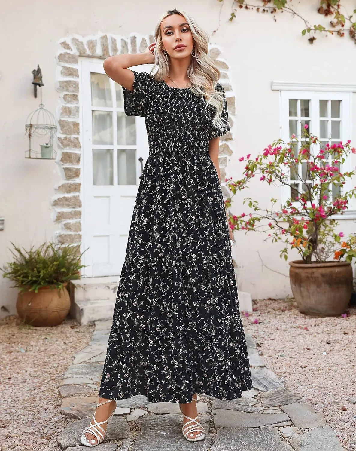 Kranda Women Summer Dress Round Neck Flutter Short Sleeve Smocked Ruffle Tiered Floral Maxi Dress 2024