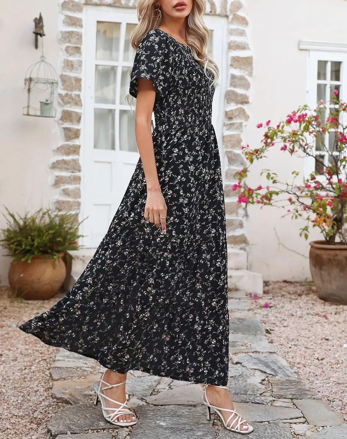 Kranda Women Summer Dress Round Neck Flutter Short Sleeve Smocked Ruffle Tiered Floral Maxi Dress 2024