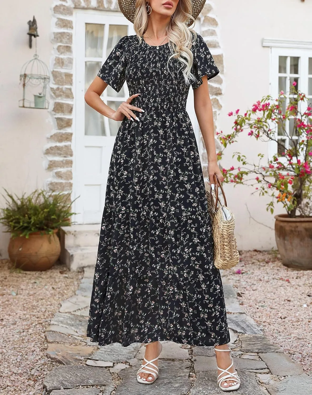 Kranda Women Summer Dress Round Neck Flutter Short Sleeve Smocked Ruffle Tiered Floral Maxi Dress 2024
