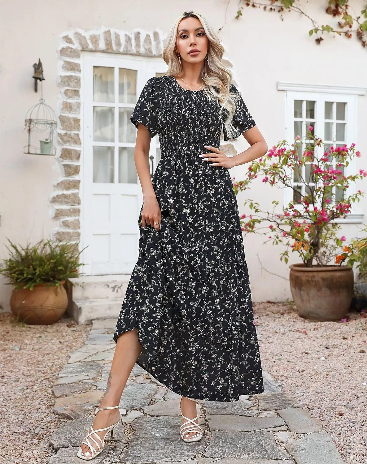 Kranda Women Summer Dress Round Neck Flutter Short Sleeve Smocked Ruffle Tiered Floral Maxi Dress 2024