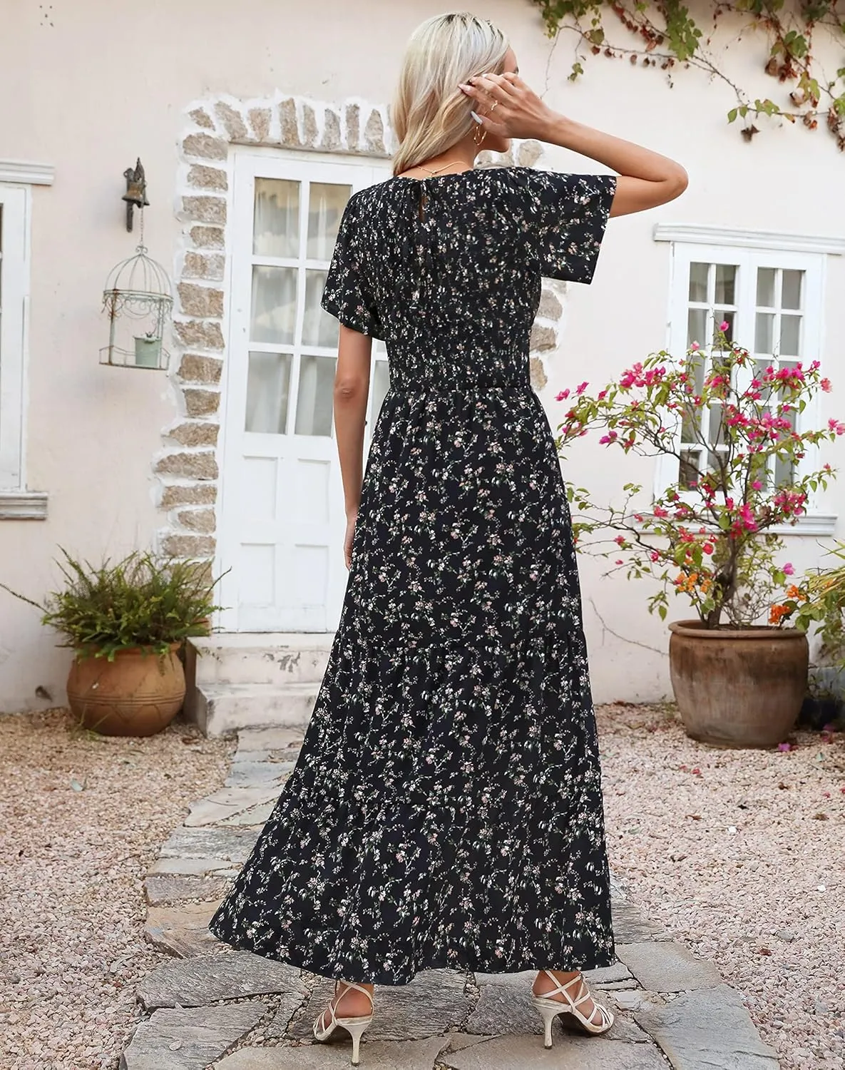 Kranda Women Summer Dress Round Neck Flutter Short Sleeve Smocked Ruffle Tiered Floral Maxi Dress 2024