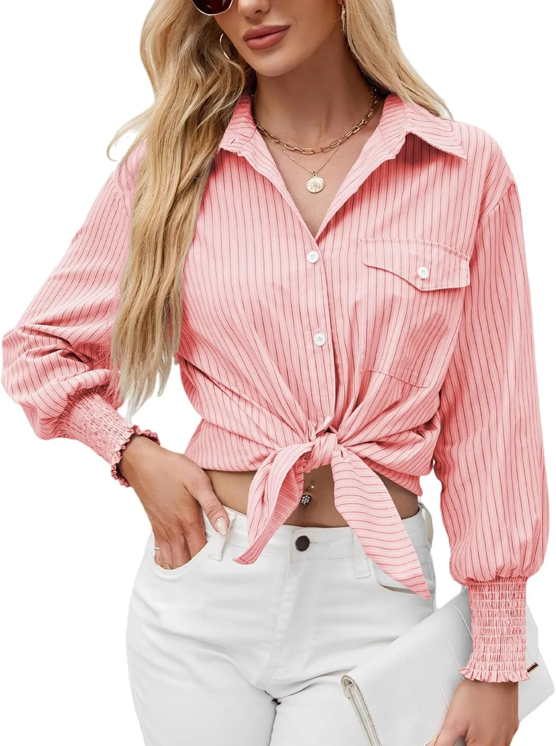 LEMAFER Womens 2025 Smocked Cuffed Striped Boyfriend Shirt Flap Pocket Cotton-Blend Casual Button Down Collared Blouse