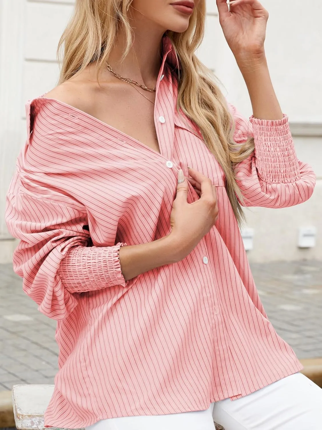 LEMAFER Womens 2025 Smocked Cuffed Striped Boyfriend Shirt Flap Pocket Cotton-Blend Casual Button Down Collared Blouse